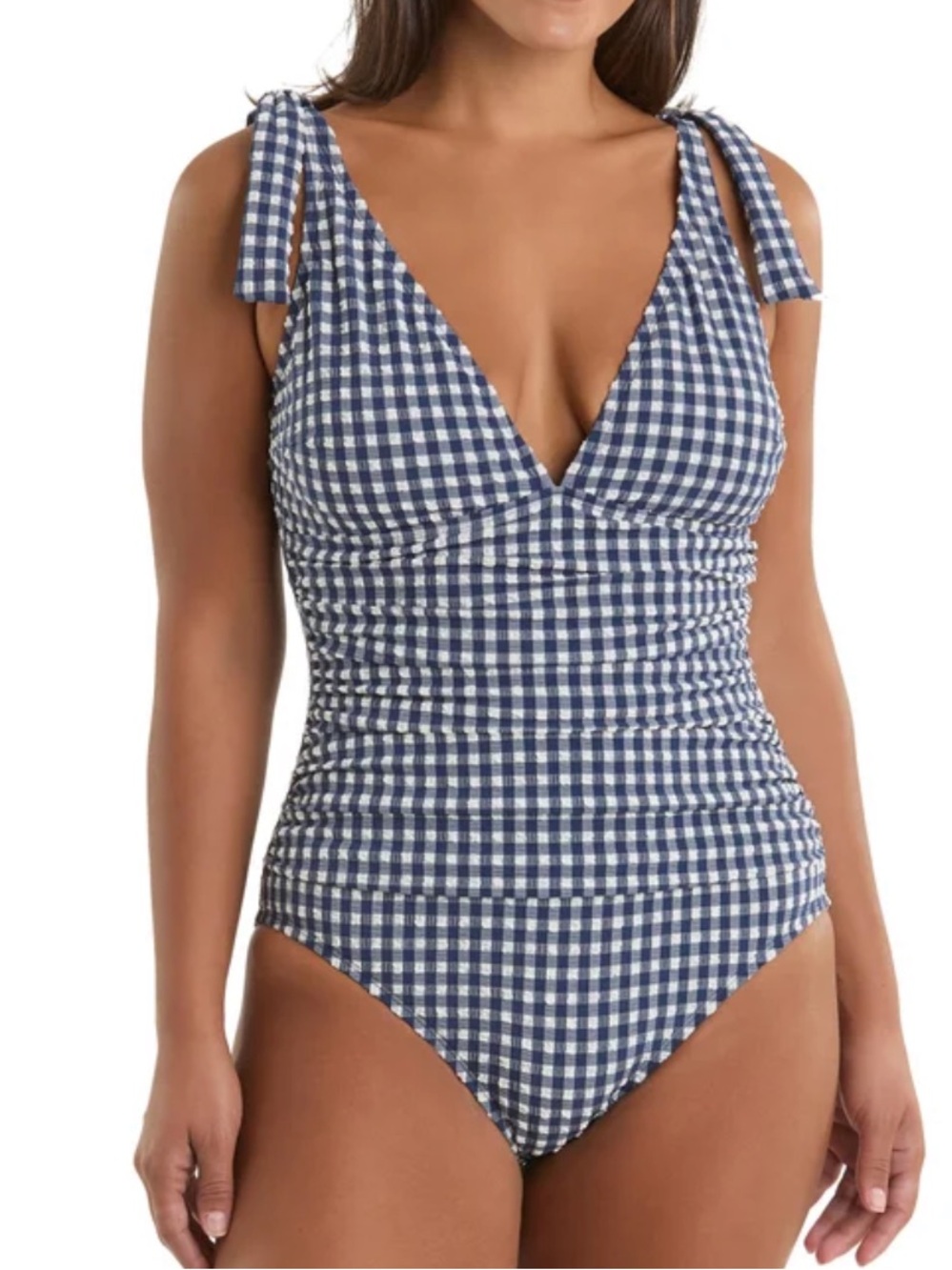 ELLEN TRACY Navy Gingham Tie-Shoulder One-Piece Swimsuit size various
